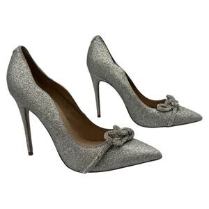 Sam Edelman Deela Bow Pointed Toe Pumps Heeled Shoes Silver Glitter Size 6.5